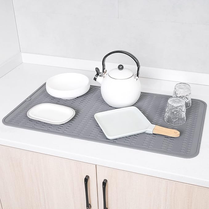 MicoYang Silicone Dish Drying Mat for Multiple Usage,Easy clean,Eco-friendly,Heat-resistant Silicone Mat for Kitchen Counter or Sink,Refrigerator or Drawer Liner Grey 4XL 32 inches x 18 inches