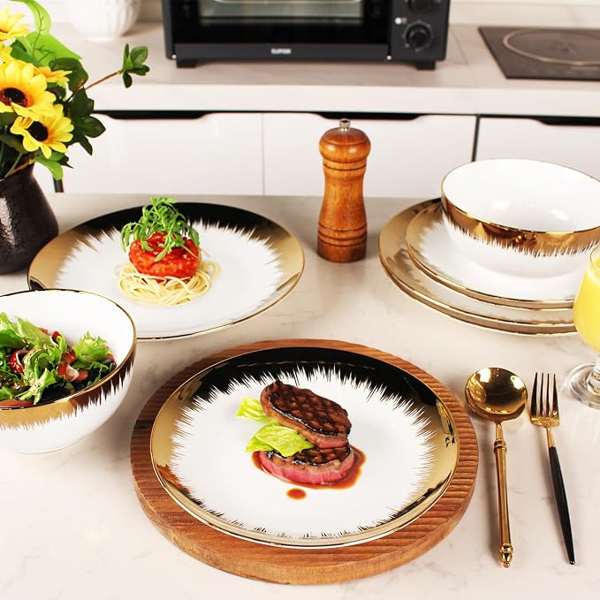 Dinnerware Sets(12Pcs) Serves for 4, Modern Dinnerware, Gilded Edge Plates and Bowls Set with 8.3"Small Plate 10.2"dinner Plate 6.1"Soup bowl, apply Indoor Outdoor (Gilded set)