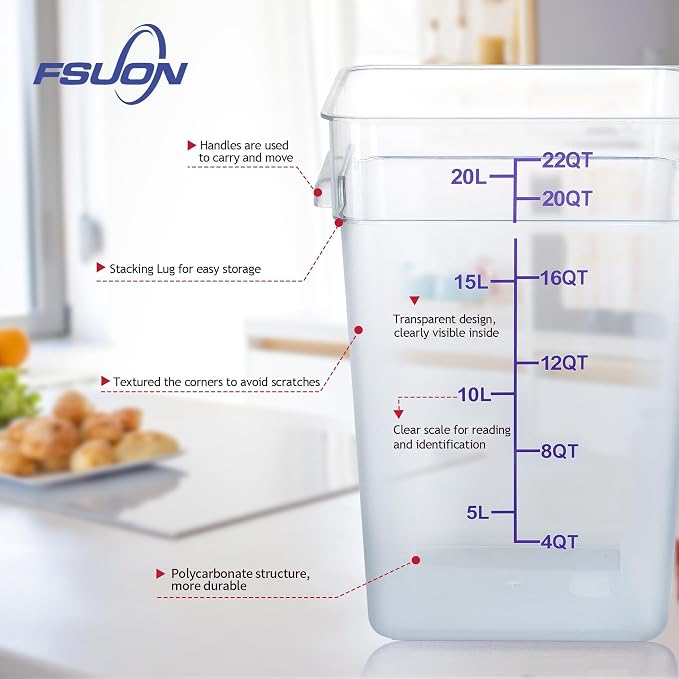 4 Pack 22 Qt Square Polycarbonate Food Storage Containers with Lids | Clear BPA-free PC with lids, side handles, measurement scale and stackable design; for food prep, storage and freezer use.