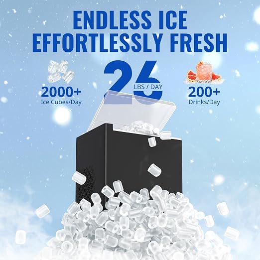 WETIE Ice Maker Countertop, 9 Bullet Ice Cubes in 6 Minutes, 26lbs/24Hrs with 2 Sizes, Portable Ice Machine with Basket, Scoop and Ice Pack, Compact ice Maker for Home, Kitchen, Camping, Party