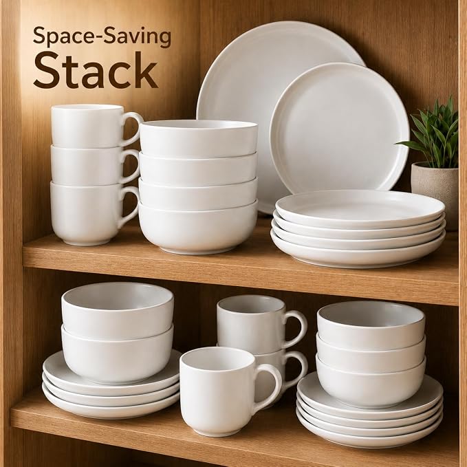 LERATIO Stoneware Dinnerware Sets for 4,Handcarft Ceramic Plates and Bowls Sets,Chip and Scratch Resistant Dishes, Dishwasher & Microwave Safe, Oven safe,Reactive Glaze-White