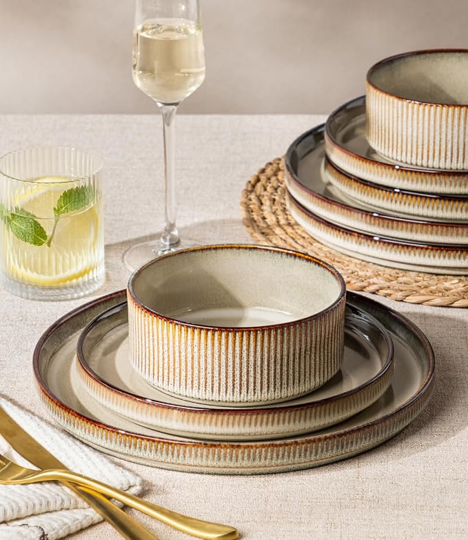 GBHOME Stoneware Dinnerware Sets for 4,12 Pieces Lightweight Ceramic Ribbed Plates and Bowls Set,Reactive Glaze Stackable Plate Sets,Scratch Resistant Dishes,Microwave &Dishwasher Safe, Smokey Taupe