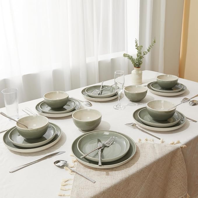 Pokini Stoneware Dinnerware Sets for 6, Microwave Safe Plate and Bowl Set, Easy to Clean & Durable Dishes Sets for Small to Medium Families, Gray Green