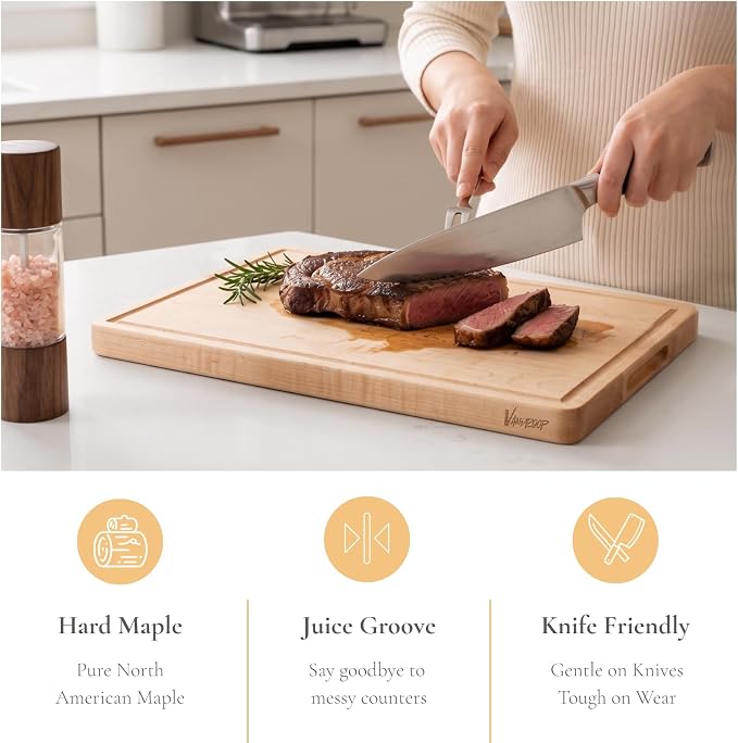 Vandroop Premium Hard Maple Cutting Board for Kitchen - 18"x12"x1.06" Reversible Wood Chopping Board with Juice Groove, Edge Grain Butcher Block