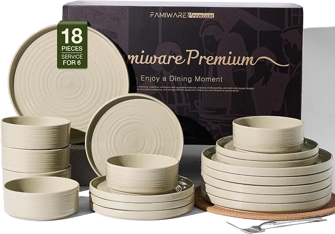 Stoneware Dinnerware Sets for 6, 18-Piece High Edge Plates and Bowls with Speckled Glaze & Spiral Design - Chip & Scratch Resistant, Microwave & Dishwasher Safe - Gift Box, Honey