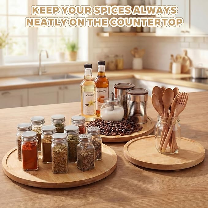 Novabright 3 Set 12'' 10'' 9'' Bamboo Lazy Susan Rotating Turntable Organizer Wooden 360 Degree Large Kitchen Tray for Counter Pantry Spice Pepper Olive Oil Table Organization and Storage