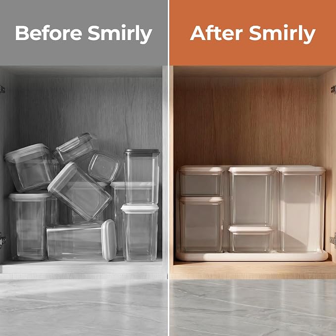 SMIRLY 8-Pcs Airtight Food Storage Containers Set with Countertop Organizer,One-Press Air Tight Pantry Storage Containers, BPA-Free ABS,Stainless Steel Spoon & Scoop for Cereal, Flour (cream white)