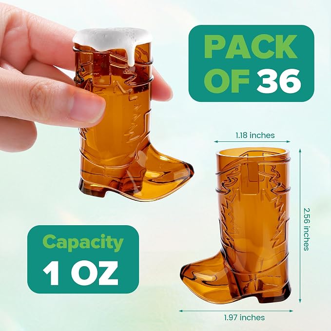 Aodaer 36 Pieces 1 OZ Brown Cowboy Boot Shot Glasses Mini Plastic Boot Shot Cups Western Cowboy Glasses Reusable Beer Mugs for Cowgirl Party Decorations Birthday Bachelorette Party Favors