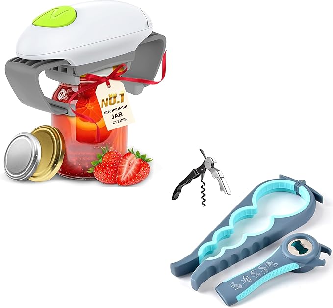 Higher Torque Electric Jar Opener for Seniors with Arthritis Fit Almost Jars Size, and 4-in-1 Jar Opener, 5-in-1 Bottle Opener & 3-in-1 Wine Opener for Weak Hands & Seniors