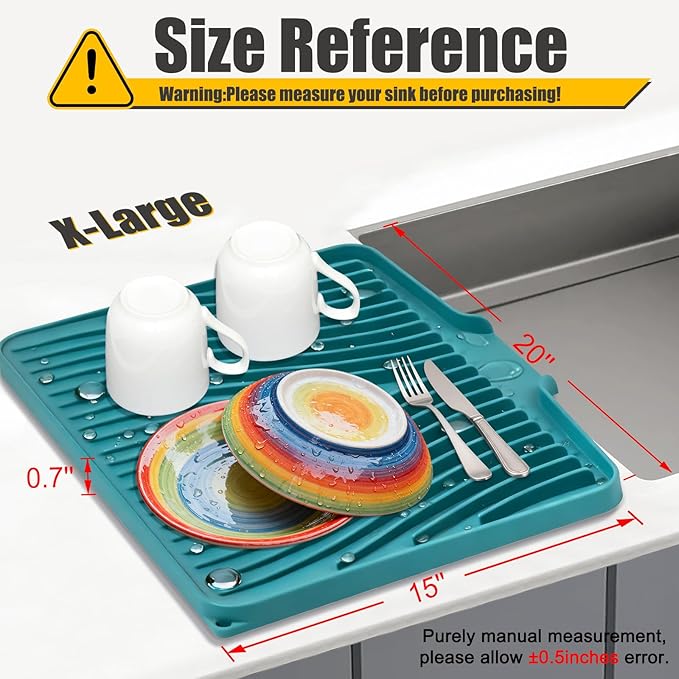 TIKNIK Silicone Dish Drying Mat, Stone Drying Mat for Kitchen Counter with Built-In Drain, Non-Slip Drain Pad with Built-in Drain, Heat Resistant Stone Drying Mat, 1Pcs 20" x 15", Green