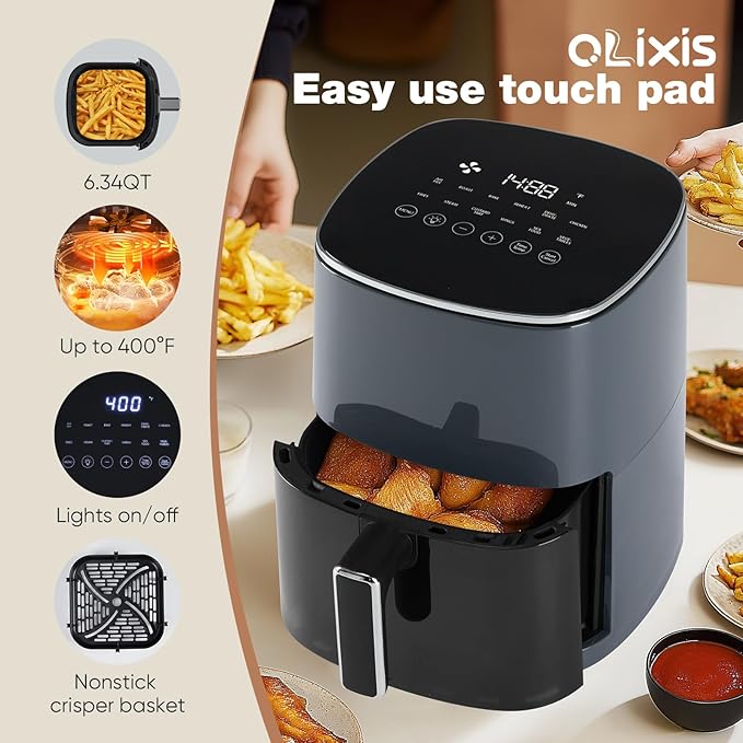 OLIXIS Air Fryer 6 Quart with Window Square Airfryer 12-in-1 Air Frys, Roast, Reheat, Dehydrate, Bake, Steam, Fries, Custard, Chicken, Wings, Sea Food, Vegetabels,400F, White