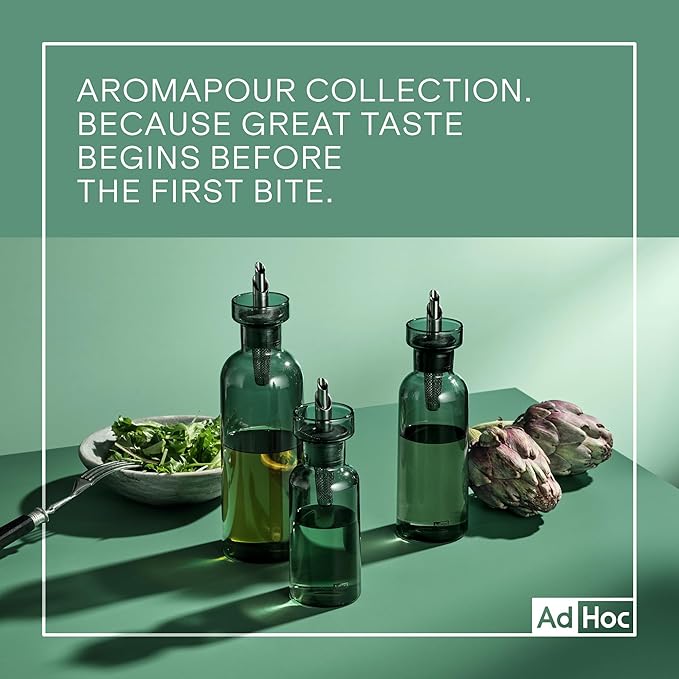 AdHoc AromaPour Oil & Vinegar Dispenser - Reusable, No-Drip Glass Container with Stainless Steel Filter - Dishwasher Safe - 10 oz