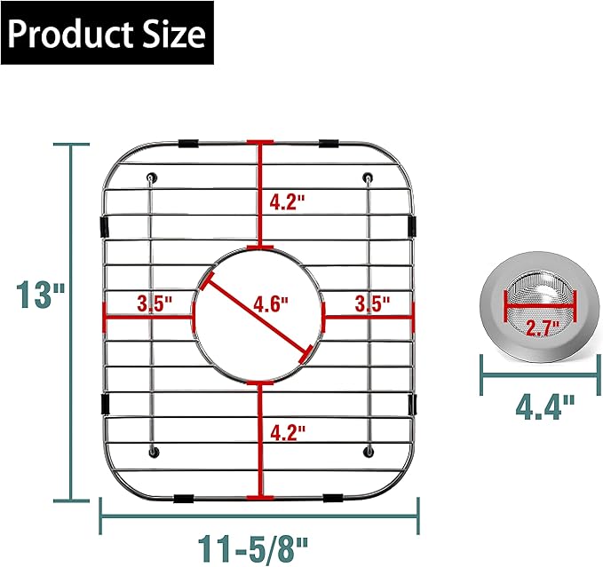 2Pack Sink Protectors for Kitchen Sink 13" x 11-5/8", 304 Stainless Steel for Kitchen Sink Grate With Center Drain, Sink Grate Sink Rack for Bottom of Sink with 2Pack Sink Strainers