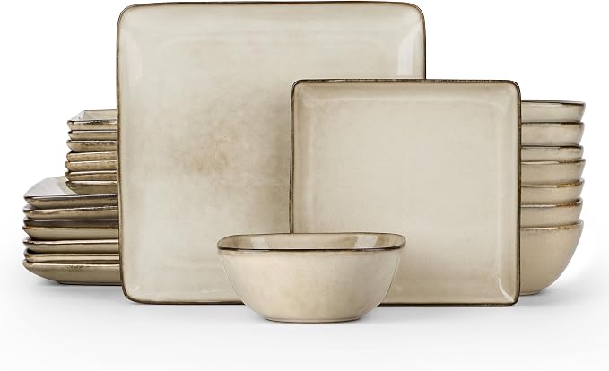 E-far Square Dinnerware Sets for 8, 24-Piece Stoneware Plates and Bowls Dishes Set, Reactive Glaze Porcelain Dishware Sets, Chip & Scratch Resistant, Microwave & Dishwasher Safe, Sandy Beige