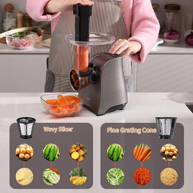 Electric Cheese Grater, One-Touch Control Grater Machine for Vegetables, Fruits, Potatoes, Salad Maker with 6 Free Attachments