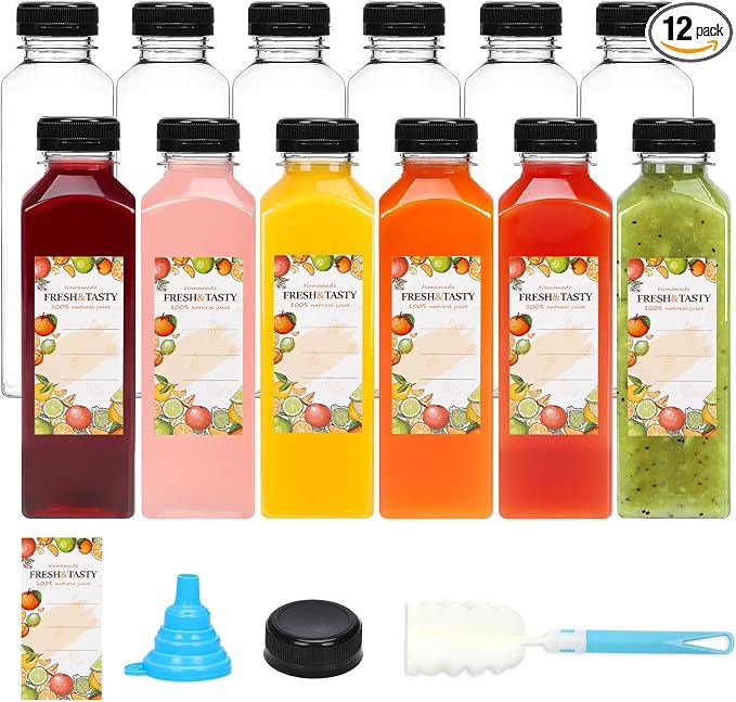 TOMNK 12pcs Juice Bottles, 16oz Reusable Plastic Juice Bottles with Caps and Labels, Funnel, Brush Beverage Containers for Juicing, Smoothies, Tea, Milk