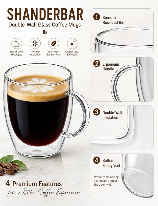 Set of 4 Double Walled Glass Coffee Mugs with Handles, 12oz Clear Coffee Mugs for Hot/Cold Beverages, Insulated Borosilicate Glass Cups for Cappuccino, Espresso, Latte, Tea, Milk, Microwave Safe