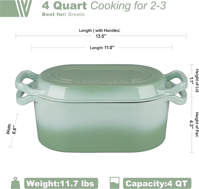 VORRINGARD Oval Dutch Oven Pot with Lid, Enamel Coating Cast Iron Bread Pans for Homemade Sourdough Bread Baking, Cooking, 4 Quart, Green
