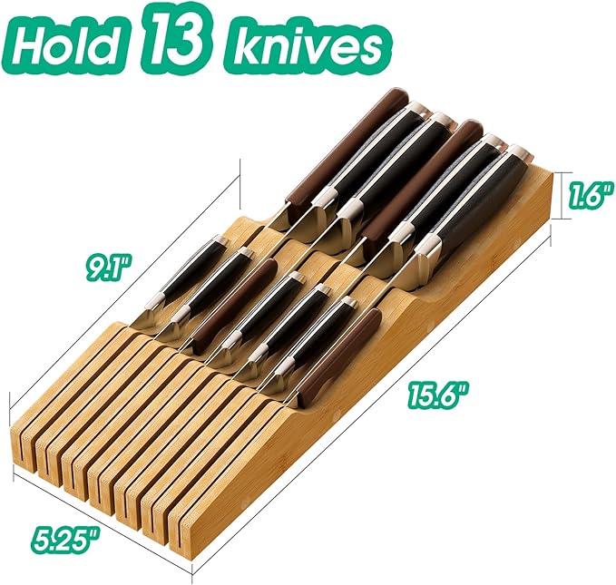Knife Drawer Organizer, Bamboo Wood In-Drawer Knife Block, Knife Organizer Holds Up To 13 Knives
