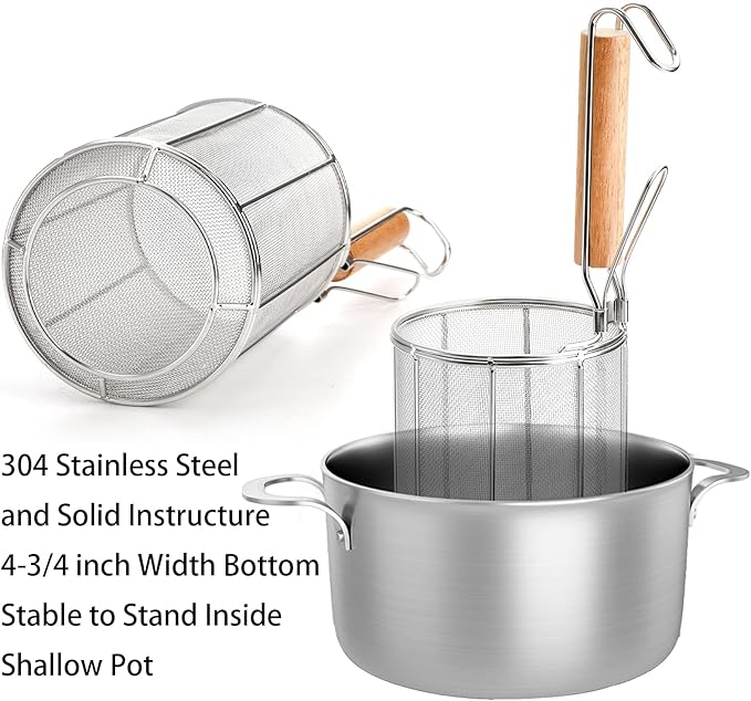 TOPZEA Spaghetti Pasta Strainer Spoon, Stainless Steel Noodle Strainer with Wood Handle, Kitchen Mesh Spider Strainer Food Strainer, Deep Fry Basket for Rinsing, Straining, Draining