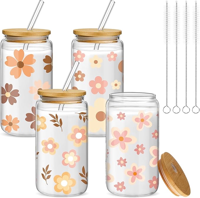 Mumufy 4 Pack Wildflower Glass Cups Gift Aesthetic Cute Glass Cup Tumbler Flower Iced Coffee Mugs 16 oz with Bamboo Lid & Straw, for Wedding Birthday Bridesmaid Mom Baby Shower
