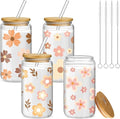Mumufy 4 Pack Wildflower Glass Cups Gift Aesthetic Cute Glass Cup Tumbler Flower Iced Coffee Mugs 16 oz with Bamboo Lid & Straw, for Wedding Birthday Bridesmaid Mom Baby Shower