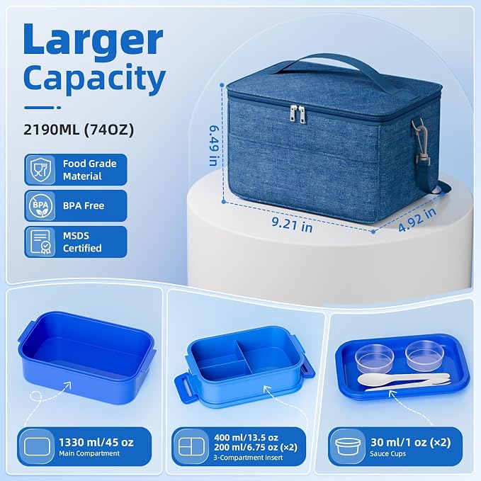 Adults Lunchbox Bento Box with Lunch Bag for Women Men- 74 OZ All-in-One Stackable Lunch Box for Adults Kids Leakproof Bento Large Lunch Box Containers with Fork Spoon Sauce Box for Work School (Blue)