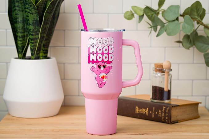 Silver Buffalo Care Bears “Mood” Double Walled Stainless Steel Tumbler with Handle Featuring Love-A-Lot Bear, Fits in Standard Cup Holder, 40 Ounces