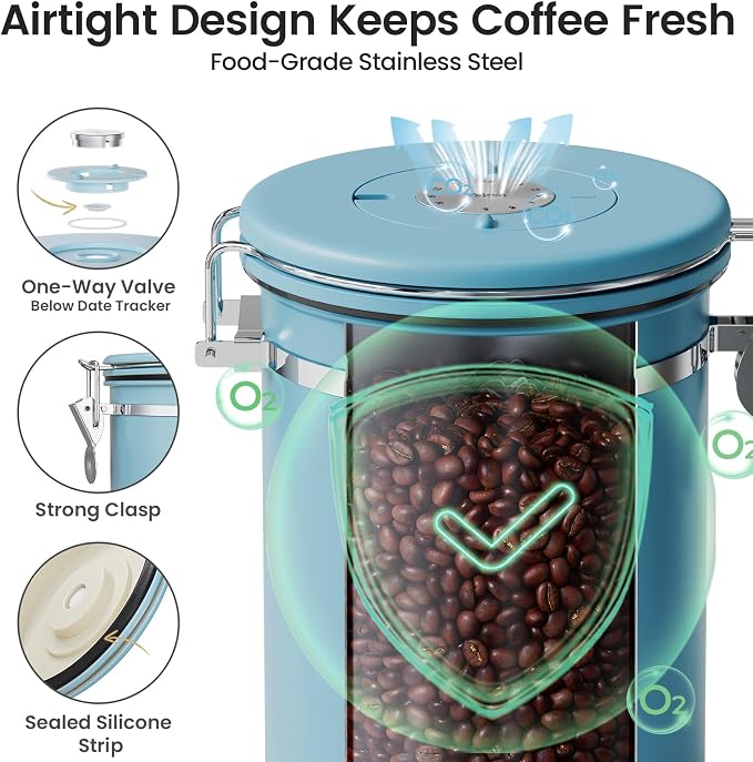 Veken Coffee Canister with Window, Airtight Stainless Steel Kitchen Food Storage Container with Lids, Date Tracker and Scoop for Ground, Beans, Tea, Flour, Cereal, Sugar Jars, 22OZ, Blue