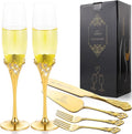 Wedding Cake Knife and Server Set, Mr and Mrs Champagne Flutes with Gold Cake Cutting Set for Wedding Bridal Shower Gifts