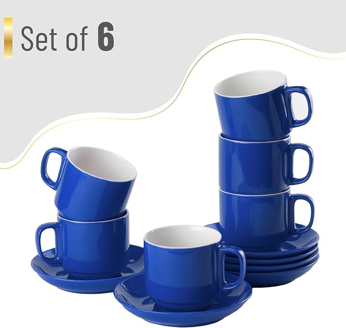 BTaT- Stackable Coffee Cups with Saucers, Set of 6, 8 Ounce, Navy Blue, Porcelain Cappuccino Cups for Coffee Drinks, Cappuccino, Latte, Espresso, Americano and Tea, Microwave & Dishwasher Safe