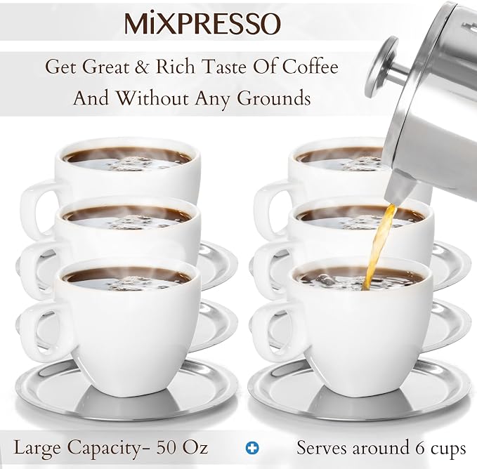 Mixpresso Large Stainless Steel French Press Coffee Maker 50 Oz 1500ml, Double Wall Insulated French Press Stainless Steel, Easy Clean Tea Brewer, Easy Press Durable Metal Coffee Press