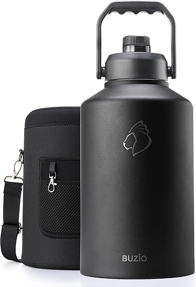 BUZIO 1.5 Gallon Water Bottle Insulated, (Cold for 48 Hrs) 196oz Large Water Jug Stainless Steel, 3.58in Big Wide Mouth Leak Proof BPA Free Flask with Carrying Sleeve for Camping,Gym,Travel, Black