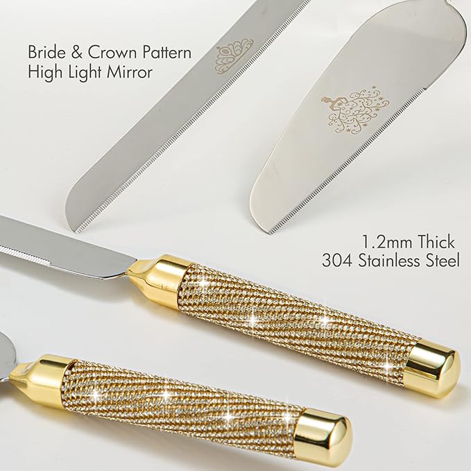 Wedding Cake Knife and Server Set, 7Oz Mr and Mrs Champagne Flutes and Cake Cutting Set for Wedding Engagement Bridal Shower Gifts (Gold)