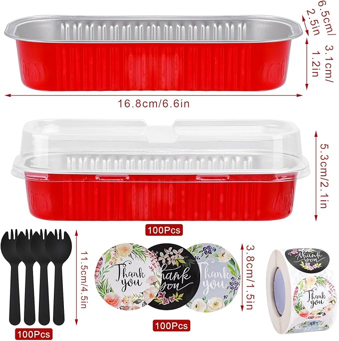100Pack Disposable Aluminum Pans Mini Cake Containers with Lids and Spoons and Stickers, 6.8Oz Loaf Pans for Baking Bread, Dessert Cups with Lids for Party, Picnics, Celebration