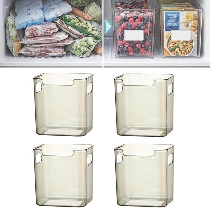 Crystal Clear Freezer Storage Bins, Stackable Fridge Organizer Bins with Handles, Clear Plastic Food Containers for Refrigerator and Pantry, Kitchen Organization for Meat & Veggies (Green*4, Small)