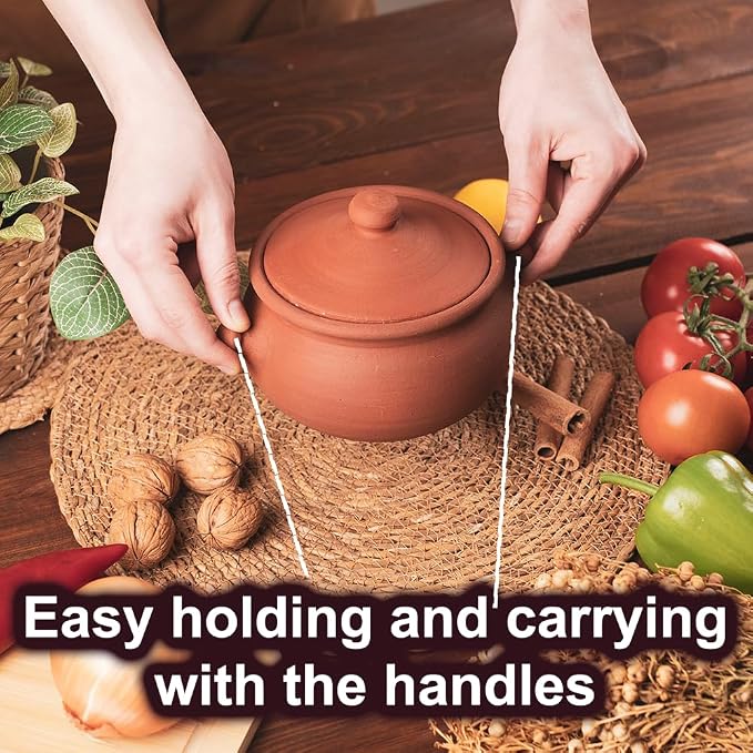 Small Earthenware Clay Mud Eathern Terracotta Cooking Pot Pottery Cazuela Cookware with Lid Natural Stovetop Stove Top Stone Stew Rice Unglazed Mexican Indian Kitchen Oven Terra Cotta Handcrafted Traditional Healthy (0.6 Quarts - Size1)