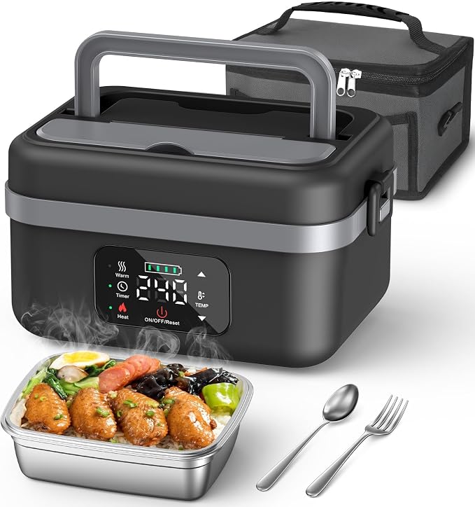 ODSD Cordless Electric Lunch Box for Adults, 16000mAh Rechargeable Self-Heating Lunch Box Food Warmer with Timer & Adjustable Heating, 34oz/1L Container with Insulated Bag for Office Car Outdoor