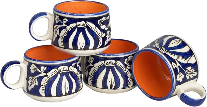 Servo Best Handmade Cermaic Tea Cup Set of 4-5 Oz Small Cups for Espresso, Cappuccino, Tea, Chai – Dishwasher & Microwave Safe – Gift Set for Coffee Lovers, Kitchen, Home, Office - Blue Mughal Art