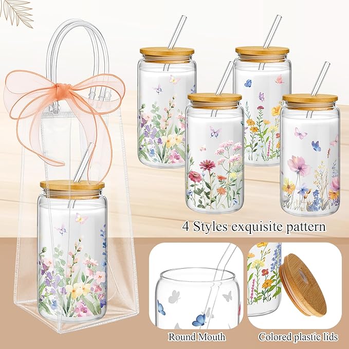 Mumufy 16 Sets Wildflower Glass Cups with Clear Gift Bag 16 oz Reusable Pink Iced Coffee Mugs Aesthetic Cute Tumbler with Lids and Straws, Gifts for Girls Women Bridesmaid