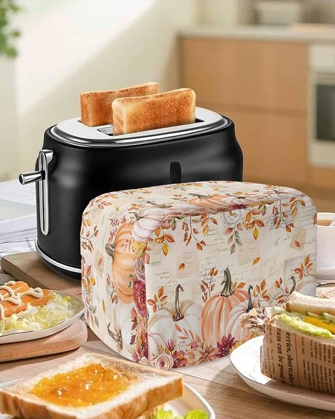Pink Orange Pumpkins Fall Toaster Cover 2 Slice, Thanksgiving Leaves Dustproof Bakeware Oven Protector with Top Hook, Autumn Floral Waterproof Small Kitchen Appliance Toasters Dust Cover, 11"x6"x8"