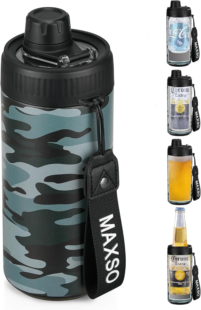 MAXSO Sealed Can Cooler Fizz Lid Can Cover for 12 oz Regular, Slim Skinny Cans & As Thermal Bottle, 4-in-1 Insulated Vacuum Stainless Steel Carbonated Cold Drink Holder - Camouflage