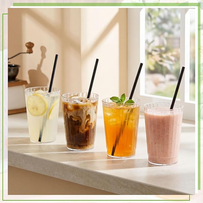 Plastic Highball Glasses with Straws(set of 48), 12 oz Shatterproof Drinking Cups, Collins Whiskey Glass Ribbed Cup, Smoothie Mojito Cocktail Tumbler for Wedding Spring Summer Party