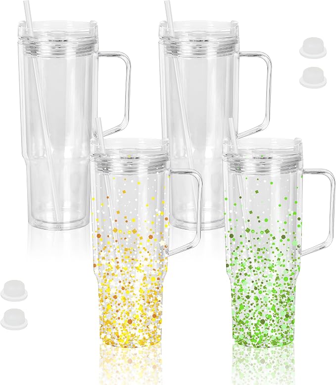 CHLJAR 40 Oz Plastic Snow Globe Tumbler with Handle, 4 Pack Pre-Drilled Double Wall Acrylic Clear For Glitter snow globe Diy, Snowglobe Tumbler Supplies, Double Wall For Glitter Snow Globe