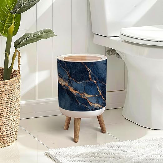 Trash Can with Lid Blue marble texture Italian marble slab golden veins Closeup surface Press Top Round Small Garbage Bin with Wooden Legs Waste Basket for Kitchen Bedroom Nursery 7L/1.8 Gallon