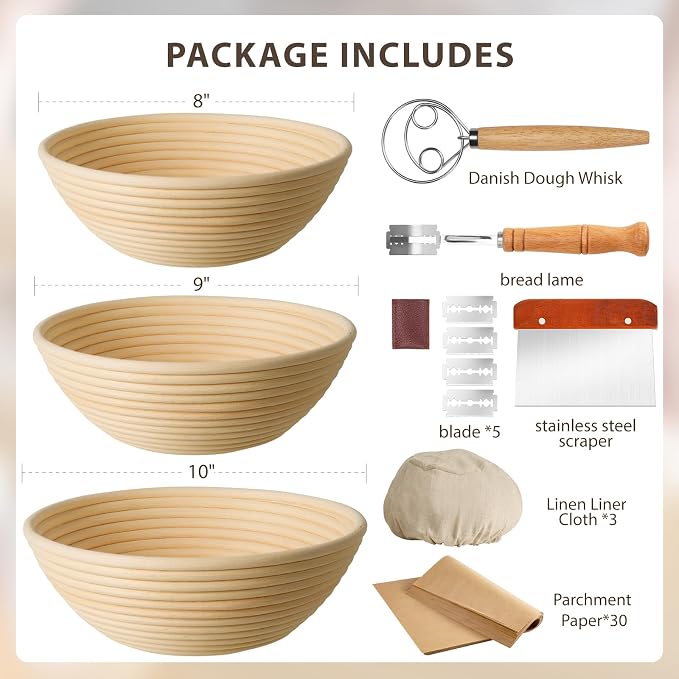 Kikcoin 8" & 9" & 10" Banneton Bread Proofing Basket Set, Round Banneton Basket for Sourdough Baking, Baking Supplies with Linen Liner, Bread Lame & Dough Scraper, Sourdough Proofing Tools