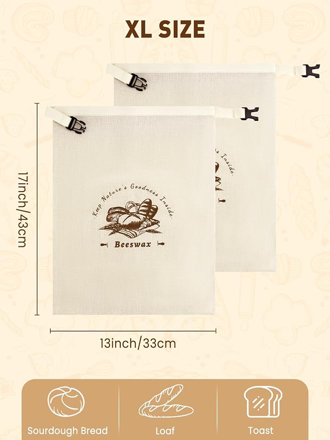 Weenkler Beeswax Bread Bag 2 Pack Reusable Linen Storage Bags with Zipper and Straps for Homemade Sourdough Loaf Breads XL Size