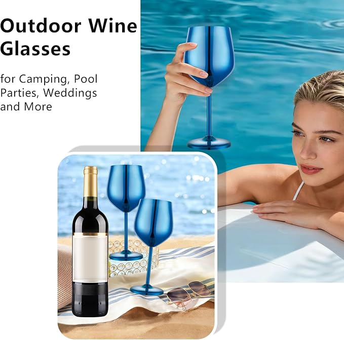UNISWEET Stainless Steel Wine Glasses Set of 4 Unbreakable Wine Glass 18 oz Unique Metal Wine Goblets for Outdoor, Travel, Camping, Pool, Ideal Gift for Wine Lovers (Blue)