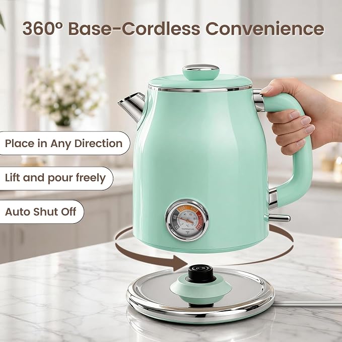 Mecity Retro Electric Kettle 1.7L, Stainless Steel Interior (No Plastic Contact), Double Wall Cool Touch, Fast Boil 1500W, Thermometer (°F/°C), Removable Lid, Wide Opening Easy Cleaning, 120V, Green