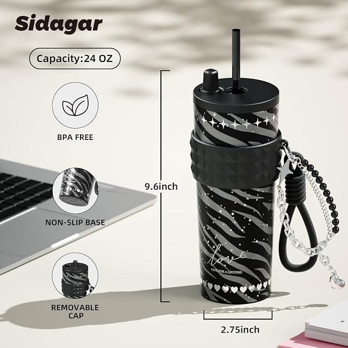 24 oz Stainless Steel Tumbler with Lid and Straw, Insulated Coffee Mug, Leak Proof, Portable Iced Travel Water Bottle, Reusable Thermal Coffee Cup Gift for Women, Black